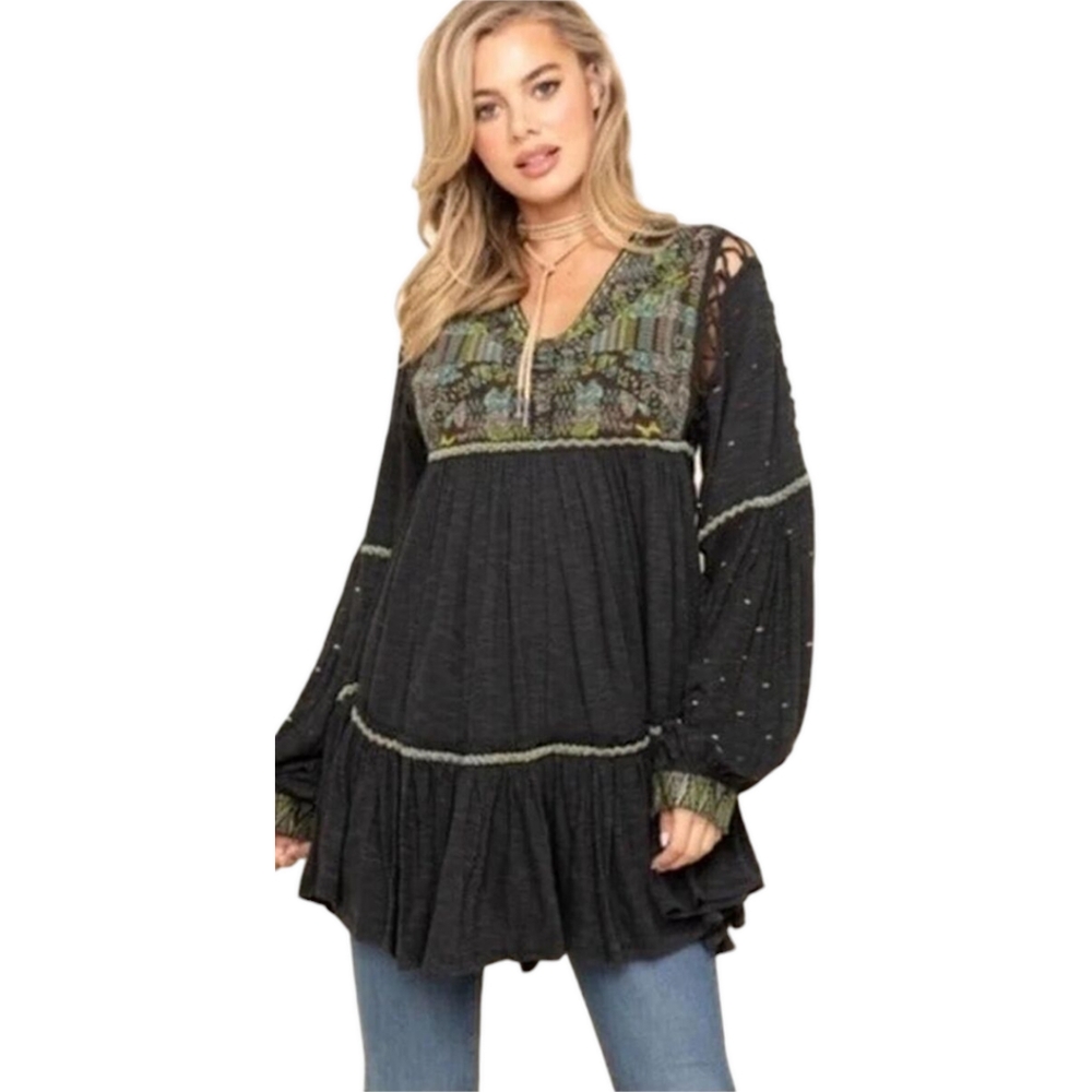 Free People Much Love Tunic Mini Dress Green Large Boho Oversized‎ Sz L